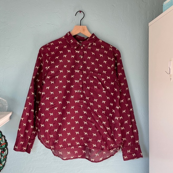 J. Crew Tops Jcrew Dog Print Maroon Button Up Down Long Sleeve